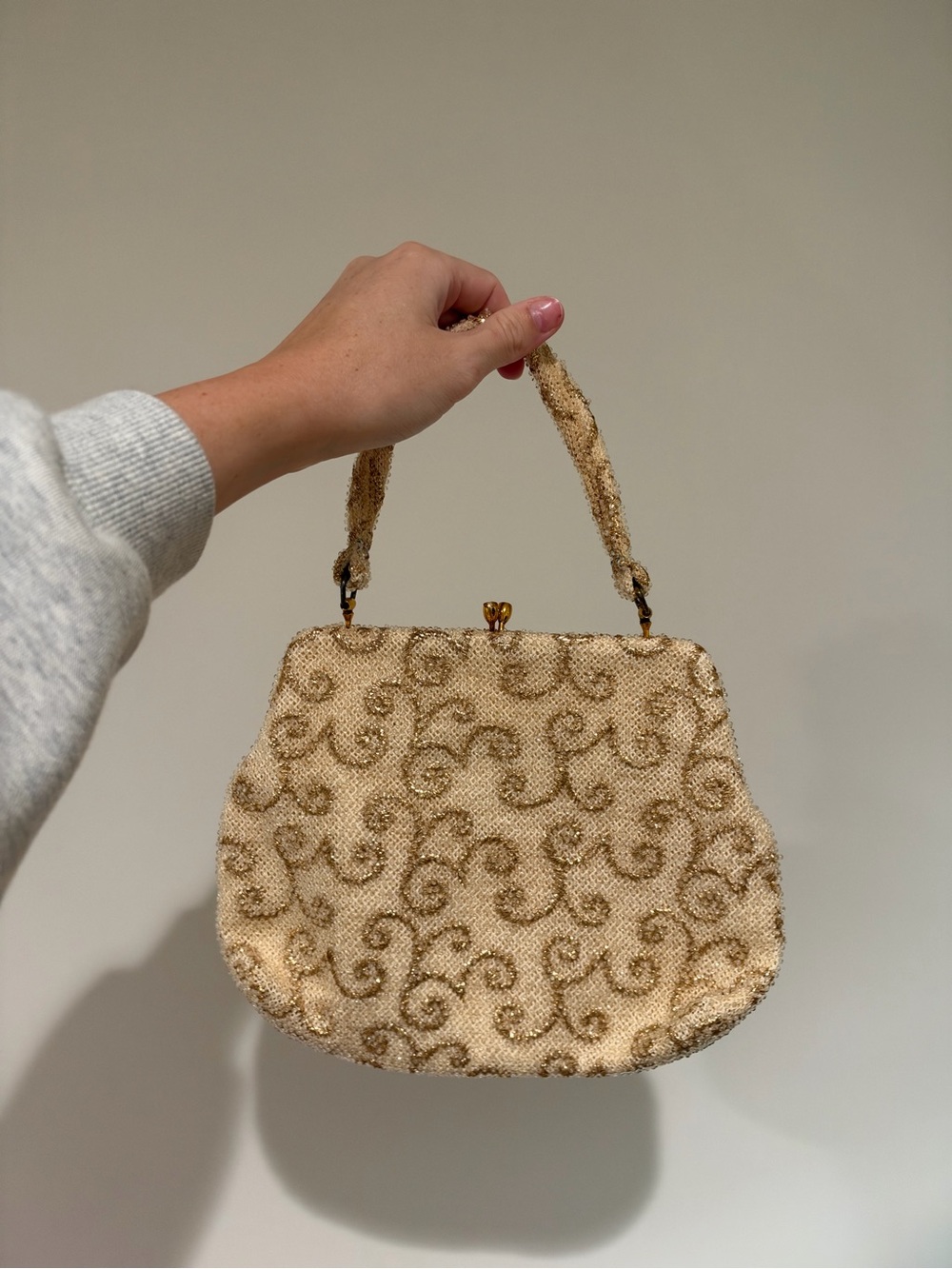 Vintage Elegant Beaded Cream and Gold Evening Handbag
